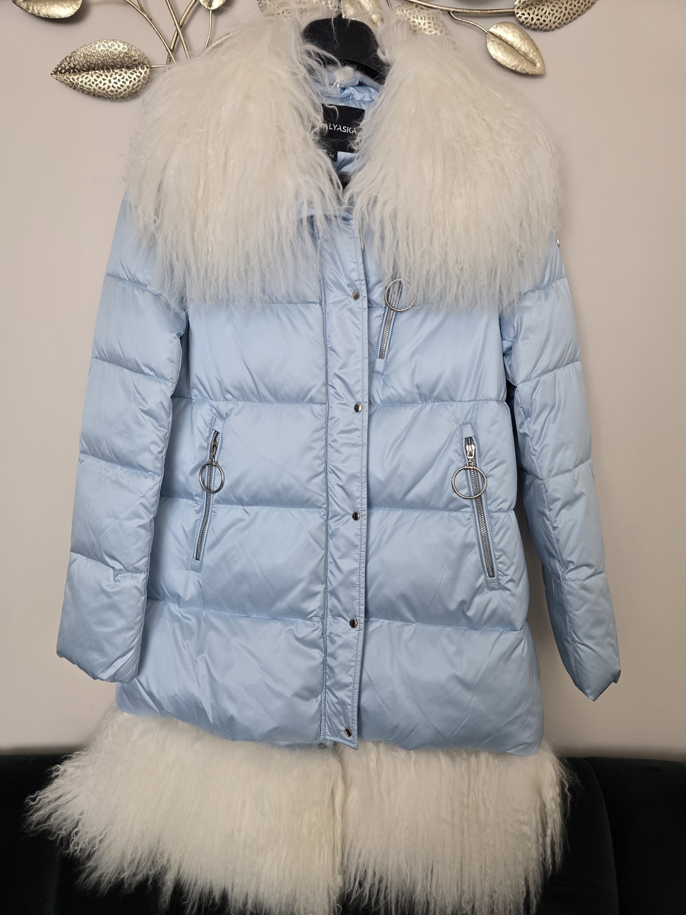 Light Blue Quilted Puffer Coat with White Real Llama Fur Size M